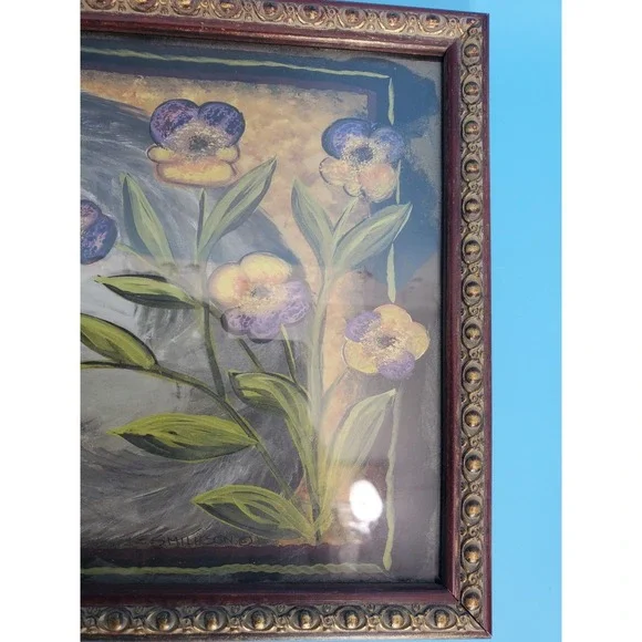 E Smithson  Framed Gray Cat Folk Art Sleeping Kitty Garden Flowers Pansy 17"x9" - Picture 3 of 7